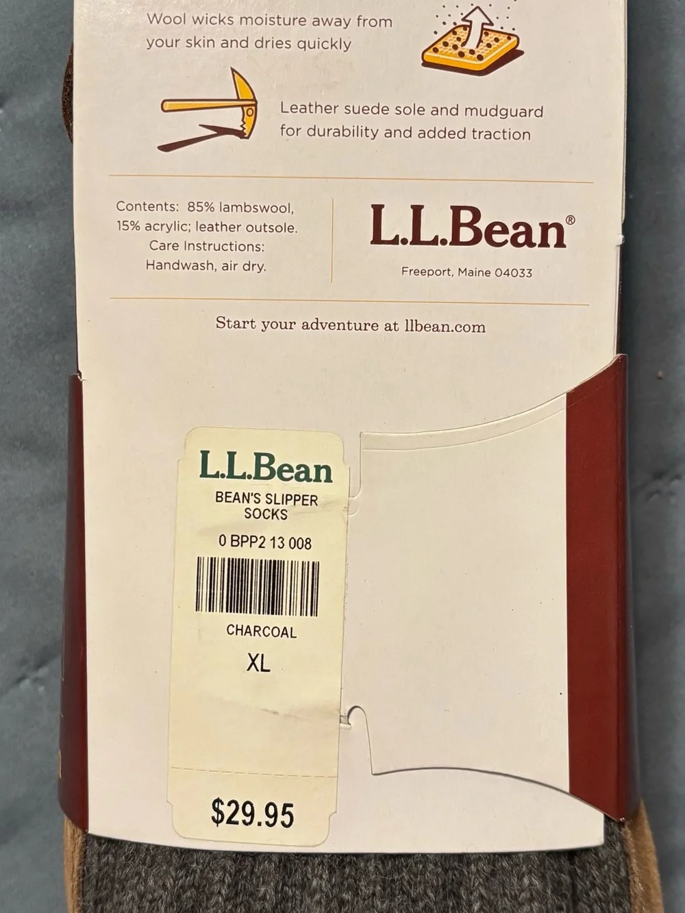 L.L. Bean Brown Wool Slipper Socks with Leather Sole